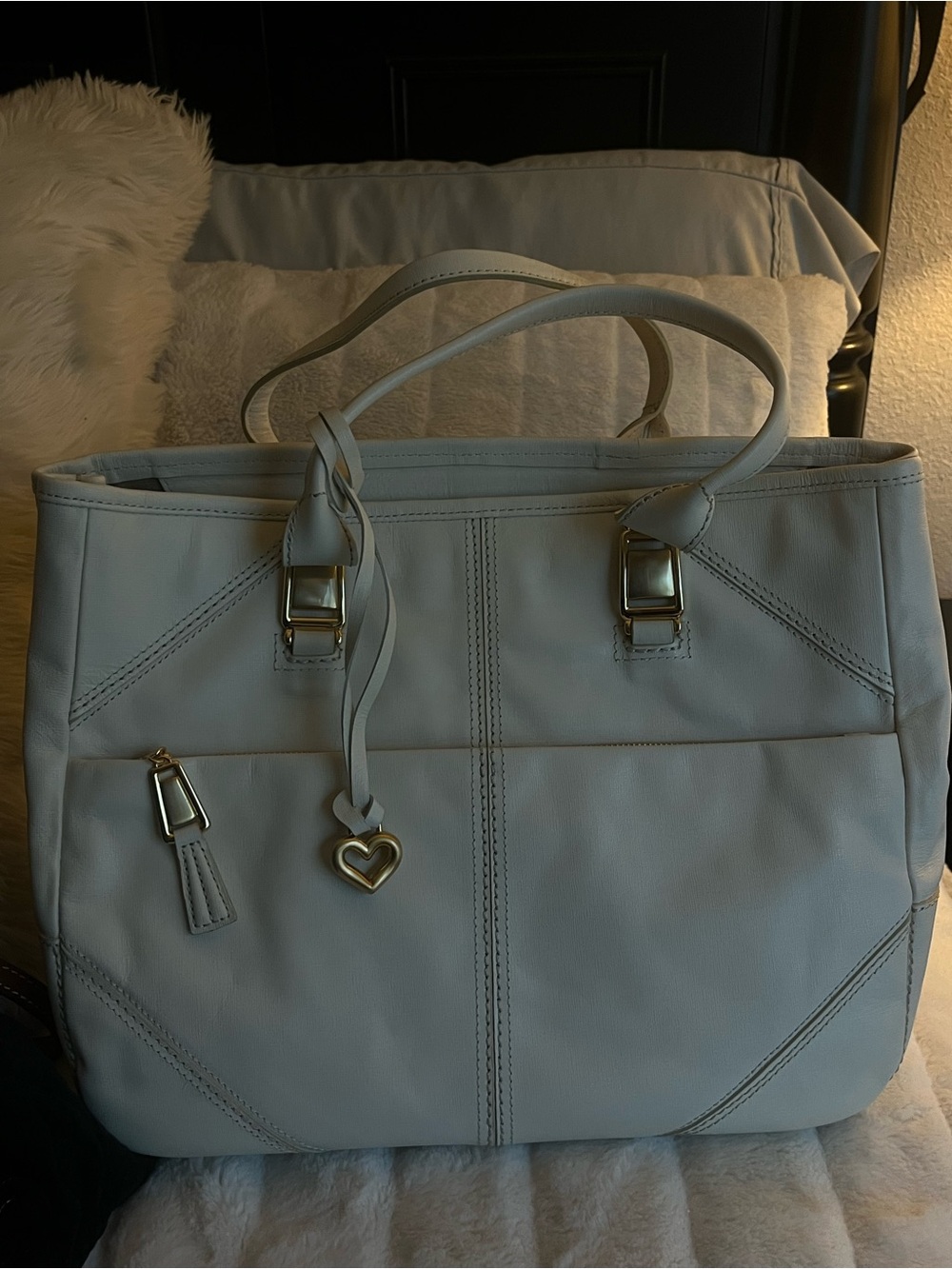 BRIGHTON Classic Cream Tote Bag with Heart Charm